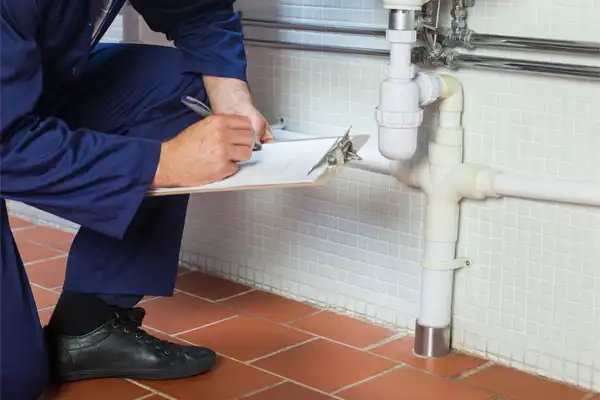 A person kneels on the tiled floor, conducting a detailed plumbing inspection, writing notes on a clipboard while carefully examining white pipes against the tiled wall.