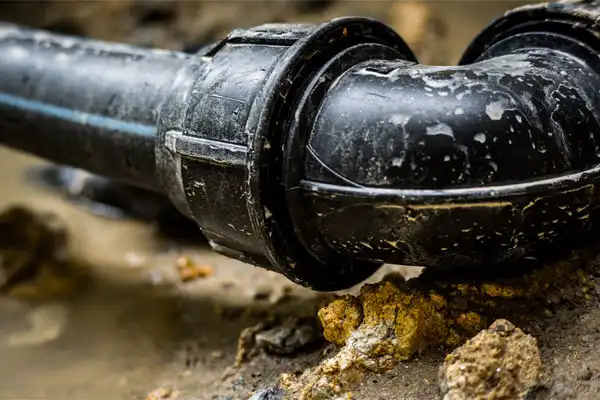 Close-up of a black plastic pipe with a connector joint, partially buried in the muddy ground, indicating a recent sewer line repair.