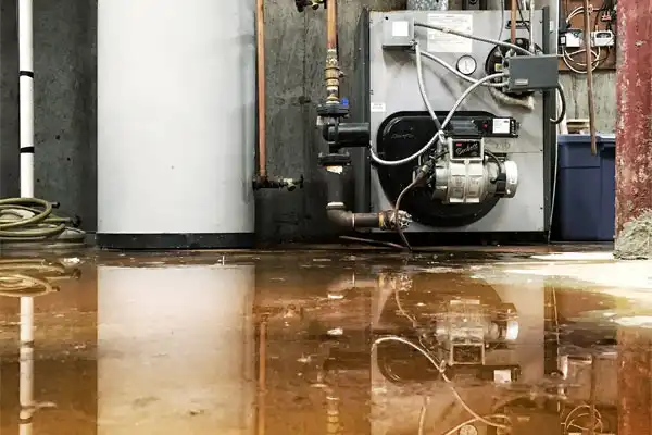 A flooded basement with a large white water heater, a furnace with pipes, and wires on the wall suggests an urgent need for sump pump repair. Water covers the floor, reflecting the equipment in its murky depths.