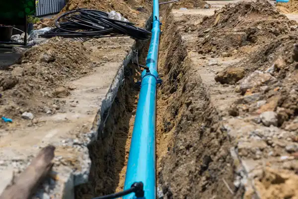 Blue PVC pipe, part of a water line installation, is nestled in a narrow trench surrounded by dirt and construction materials.