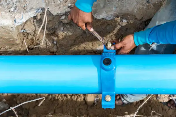 A person skillfully uses a wrench to tackle the water line repair on a blue underground pipe nestled in a dirt-filled trench.