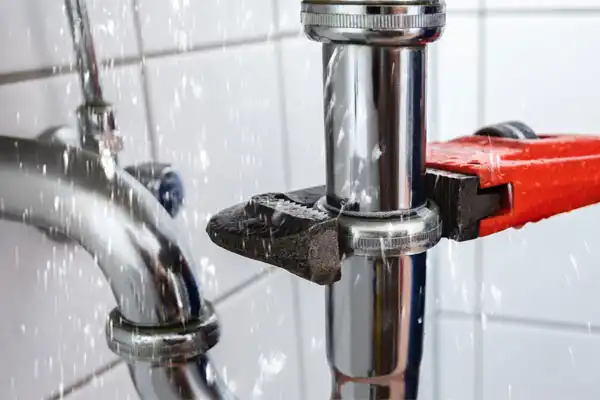 Water spraying from a pipe joint, while a wrench attempts to tighten the connection.